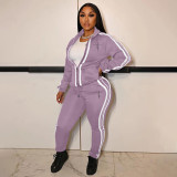 New Sporty Women Long Sleeve Collared Striped Drawstring Casual Stitching Printed 2pcs