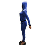 Casual Blue Knitted Printed Letter Long Sleeve Sports Hoodie Pants Set with Pocket
