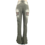 Classic Holes Fringed Ruffled Denim Trousers