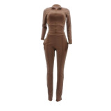 Solid Color Turn-down Neck Sports 2 Piece Set