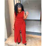 Casual Solid Patchwork O Neck Regular Jumpsuits with Single Shoulder Outwear