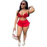 Red Sexy Halter Backless Bra Ruffled Shorts Summer Set