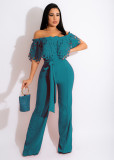 Women Slim Ruffle Off Shoulder Short Sleeve Solid Long Pants Jumpsuit with Belt