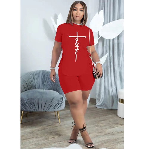 Casual Red Letter Print Slit Eyelet Bandage O Neck Short Sleeve Tracksuit Set