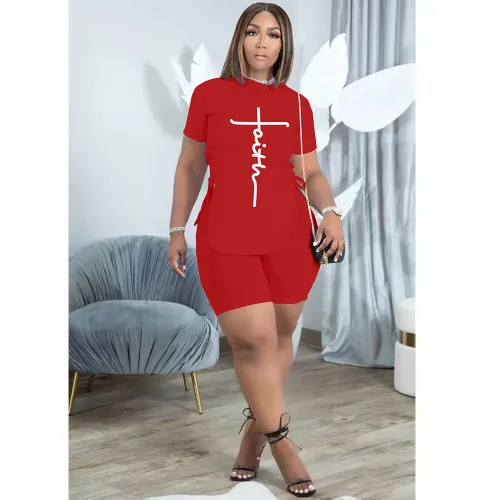 Casual Red Letter Print Slit Eyelet Bandage O Neck Short Sleeve Tracksuit Set