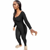 Solid Color Black Spring Thin V Neck Pleated One Piece Jumpsuit