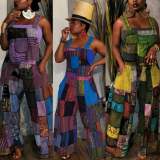 Sexy Print Bohemian Striped Backless Suspender Jumpsuit