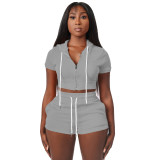 Solid Grey Zipper Cardigan Hooded Cropped Two-Piece Short Summer Set
