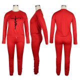 Casual Printed Long Sleeve Jogger Workout Pants Set with Pockets