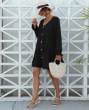 Women's Casual Dress Button Down Shift Tunic Short Sleeve Shift Ruffle V Neck Flowy Swing Dresses