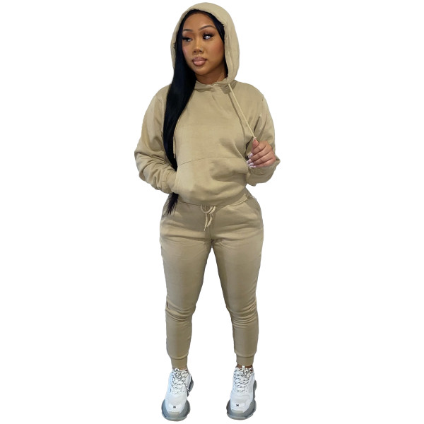 Solid Khaki Fleece Hooded Sweatshirt Pant Set