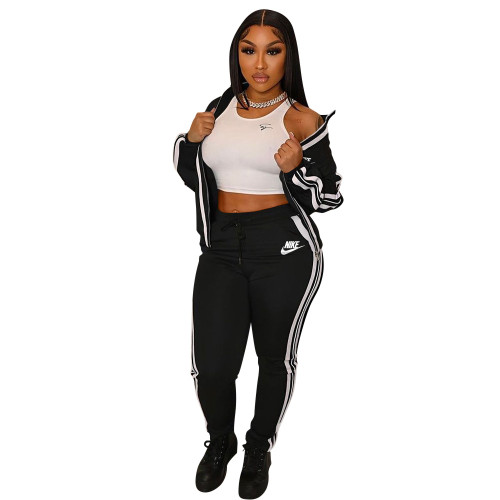 Fashion Casual Black Lapel Printed Letter Two Piece Outfits with Zip Up