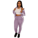 New Sporty Women Long Sleeve Collared Striped Drawstring Casual Stitching Printed 2pcs