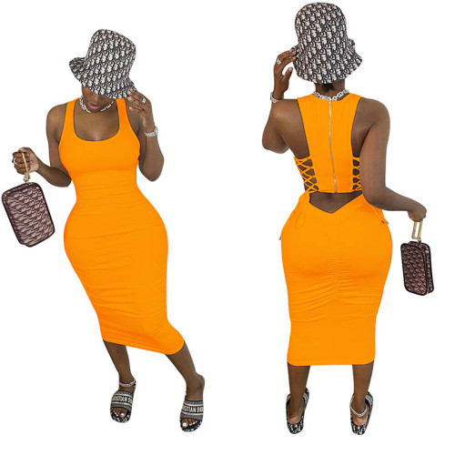 Sleeveless Zip-back Folds Sexy Midi Dress