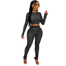 Sexy Black Letter Printed Mesh Pullover Crop Top Two Piece Casual Set