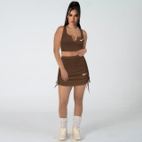 High Elastic Cotton Pit V Neck Low-cut Drawstring Embroidery Skirt Set