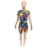 Fashion Graffiti Printed Round Neck Casual Two-piece Set