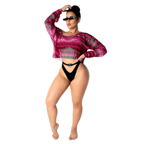Red Sexy Lantern Sleeve Snake Print Long Sleeve Beach Net Yarn Blouse (without bikini set)