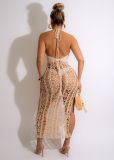 Apricot Solid Color Summer Elastic Fringed Side Slit Halter Beach Long Dresses