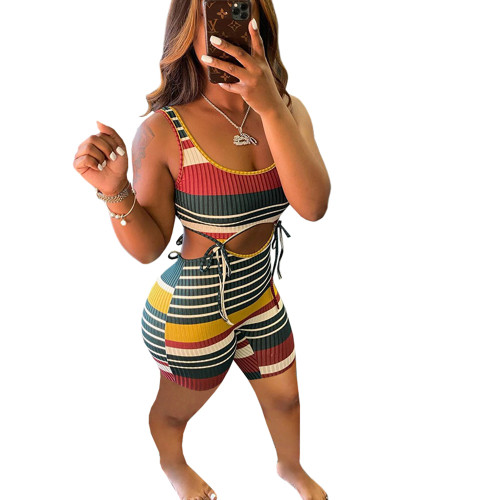 Casual Pit Striped Lace-up Rompers