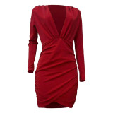Solid Color Long Sleeve V Neck Open Cross Bodycon Club Dress