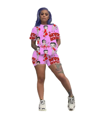 Casual Cartoon Letters Printed Shorts Set