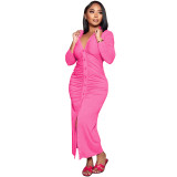 Solid Color V Neck Ruched Maxi Dress