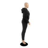 Autumn Winter Black Drawstring Two Piece Women Embroidered Hoodie Sweatshirt Pant Set