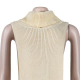 Apricot Sexy Solid Split Turtleneck Nightclub Sweater Sexy Long Sleeveless Dress (Without Waist Chain)