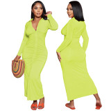 Solid Color V Neck Ruched Maxi Dress