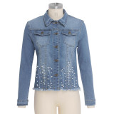 Blue Beaded Short Curvy Denim Jacket