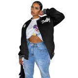 Autumn Women Black Printed Baseball Crop Jacket