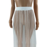 Solid Color Mesh Wrapped Top Hollow Pant and Perspective Long Skirt