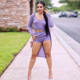 Casual Solid Purple Ribbed Crop Vest Top Short And Cardigan 3 Pieces Set