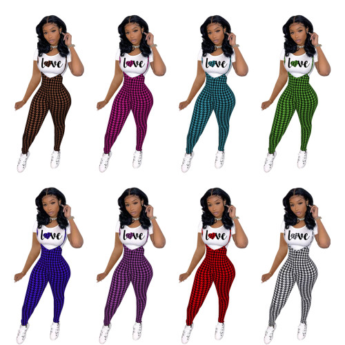 Valentine's Day Cute Sexy Printed Short Sleeve Shirt Bodycon Plaid Straps Jumpsuit 2pcs