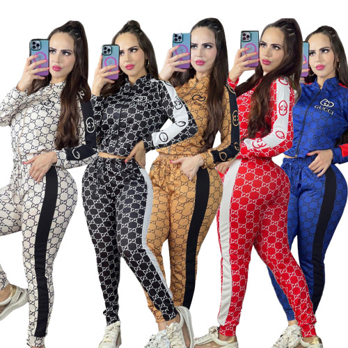Women's Activewear Long Sleeve Printed Zipper Top & Skinny Pants Set
