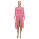 Casual Solid Pink Ribbed Crop Vest Top Short And Cardigan 3 Pieces Set