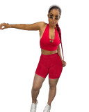 Red Sexy Solid Patchwork Halter V Neck Sleeveless Two Pieces