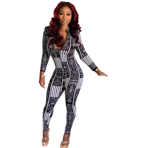 Casual Zipper Printed Jumpsuit