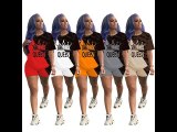 Casual Printed Tracksuit Women Short Sleeve Two Piece Outfits with Pockets