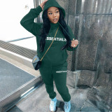 Casual Letter Pyrography Velvet Drawstring Kangaroo Pocket Hoodie & Pants Set