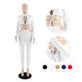Fashion Women's Long Sleeves Open Front Bandage Crop Top Outfits Club 2pcs