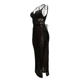 Summer Beachwear Hook Strap Halter Mesh Slit Sunscreen Long Beach Dresses