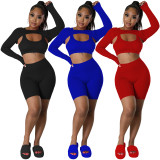 Red Solid Color Sports Long Sleeves Shawl Vest & Shorts 3 Piece Set