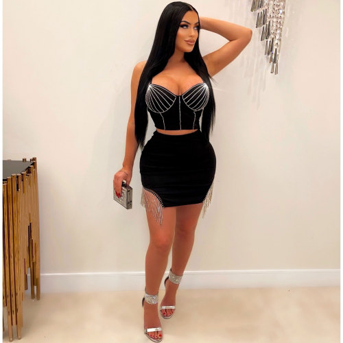 Women Hot Drill Straps Crop Top Bodycon Mini Skirts with Padded