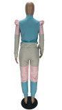 Puff Sleeve Color Block Zipper Pants Set with Pockets