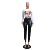 Elastic Imitation Leather Long Pants