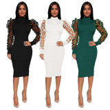 Mesh Sleeve Pit Mock Neck Midi Dress