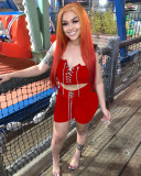 Solid Color Casual Red Sleeveless Women's Clothing Pit Lace Up Two Piece Shorts Set