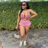 Pink Sexy Halter Backless Bra Ruffled Shorts Summer Set